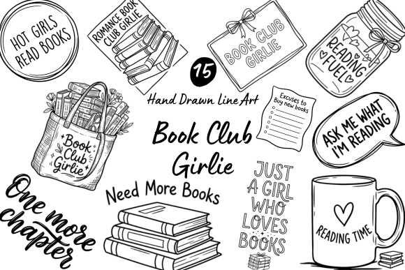 Download Book Club Girlie Hand Drawn Line Art - Book Collection